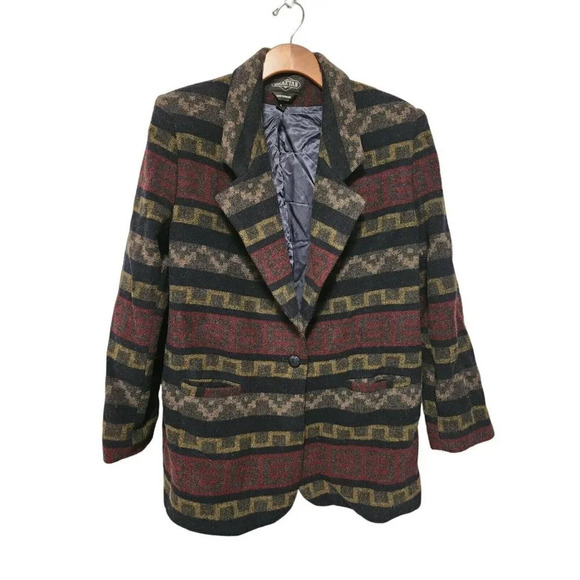 Mens 90s Vintage Blazer Jacket Blue Southwest Pattern Print Size Large Wool - Picture 1 of 5